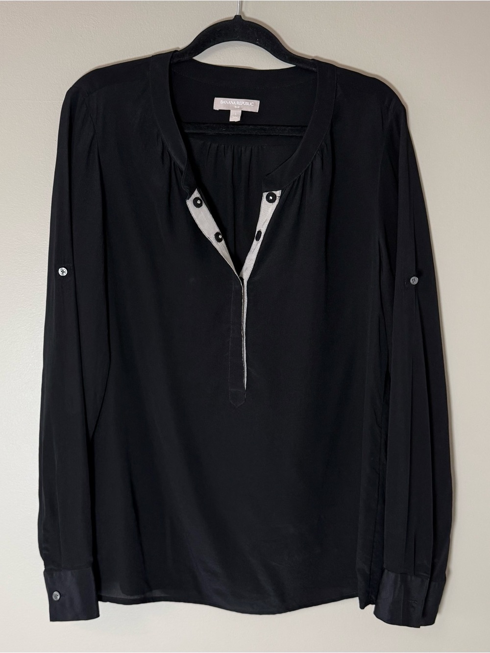 Banana Republic 100% Silk Black Long Sleeve Henley with Contrast Placket